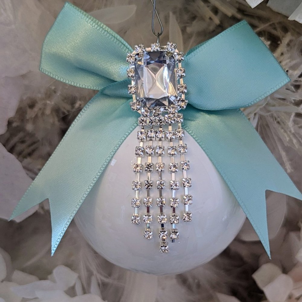 Elegant Tiffany Blue Bow Rhinestone Brooch White Glass Ornament Hand Made